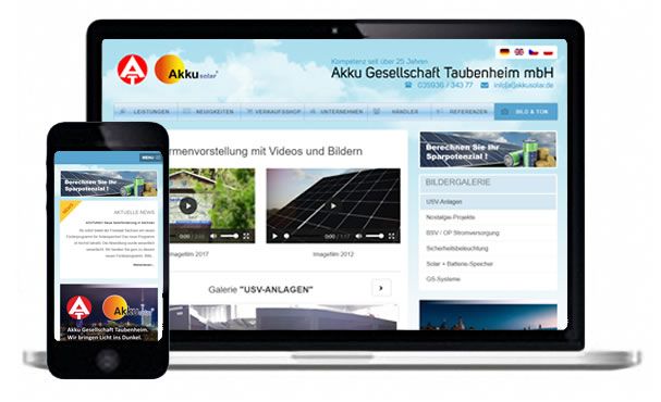 Tabletansicht und Handyansicht der Webseite on Akkusolar